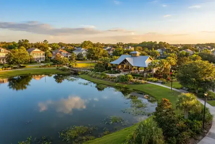 Durbin Crossing FL pond-front community pavilion and neighborhood homes in the Julington Creek area — website design Durbin Crossing FL