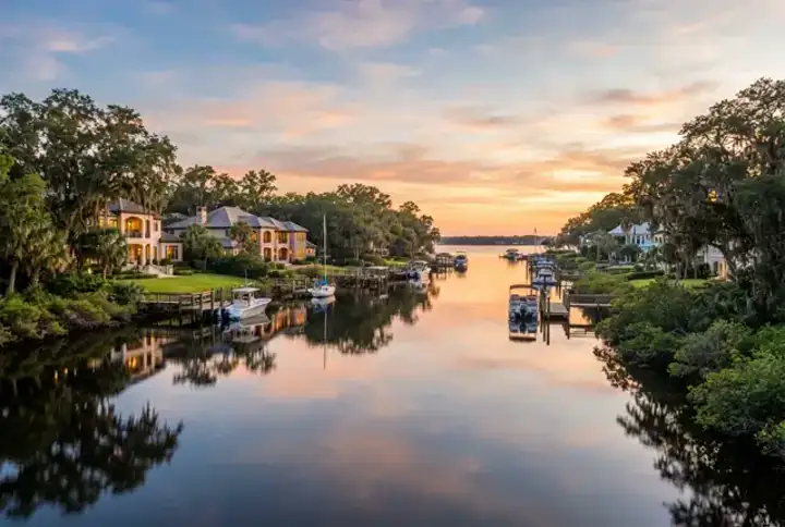 Julington Creek FL waterfront homes with private boat lifts along the creek at sunset — website design Julington Creek FL, St. Johns County