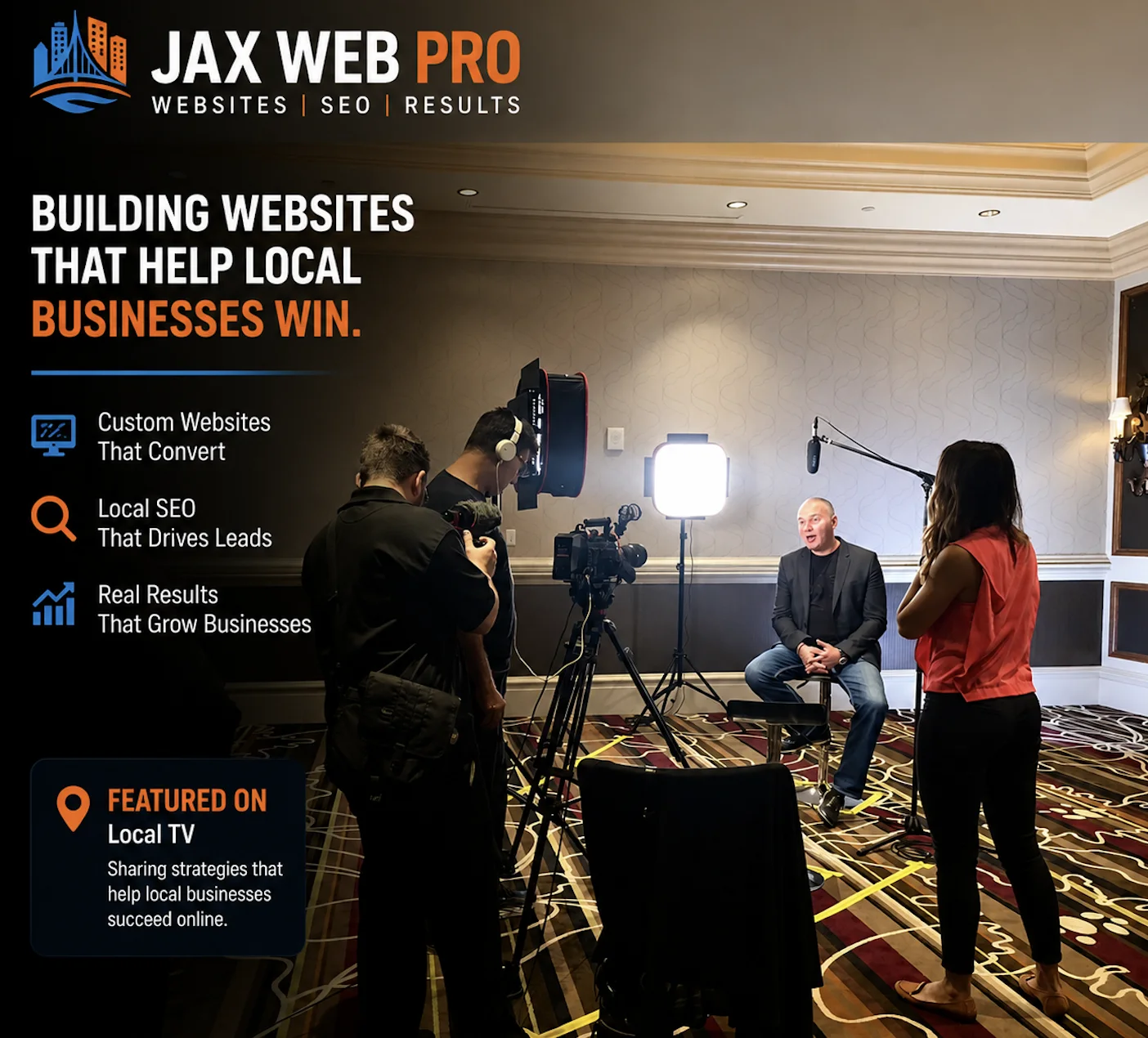 Alex Zubarev of Jax Web Pro being interviewed by a local television news crew