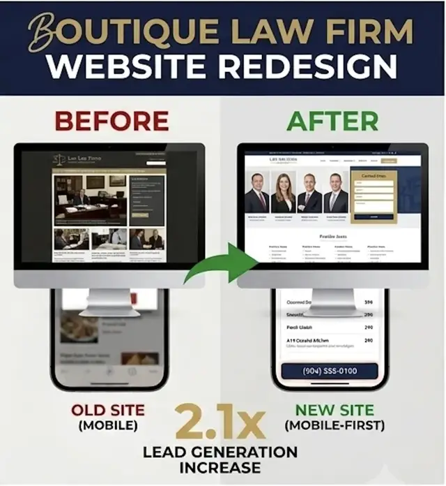 Boutique law firm website redesign before and after for a St. Johns County attorney — desktop and mobile mockups showing 2.1x lead generation increase, Jax Web Pro Jacksonville portfolio