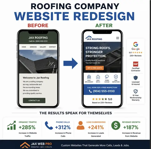 Roofing company website redesign before and after for a Jacksonville FL roofer — Jax Roofing shown with +285% organic traffic, +312% phone calls, +241% lead submissions, Jax Web Pro portfolio