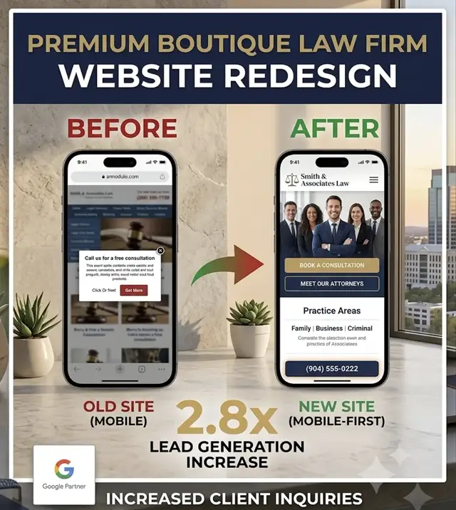 Boutique law firm Smith & Associates before and after website redesign serving Fruit Cove and St. Johns County — mobile-first redesign delivering 2.8x lead generation increase, Jax Web Pro portfolio