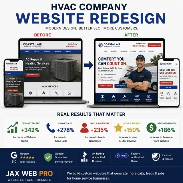 HVAC company Coastal Air Heating & Cooling website redesign before and after serving Jacksonville and St. Johns County — +342% organic traffic, +278% phone calls, +235% lead submissions, Jax Web Pro portfolio