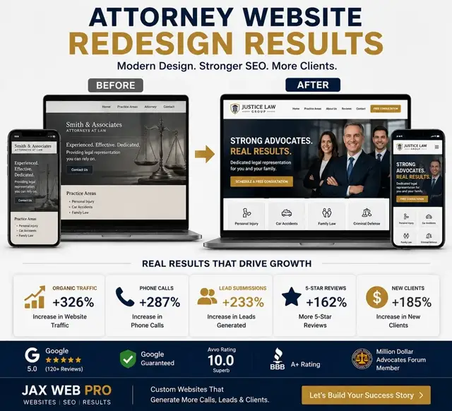 Attorney website redesign results for a Jacksonville FL lawyer — Smith & Associates before and after with +326% organic traffic, +287% phone calls, +233% lead submissions, Jax Web Pro portfolio