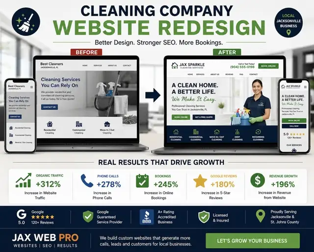 Cleaning company website redesign before and after for a Jacksonville FL cleaning service — Best Cleaners / Jax Sparkle shown with +312% traffic, +278% phone calls, +245% online bookings, Jax Web Pro portfolio