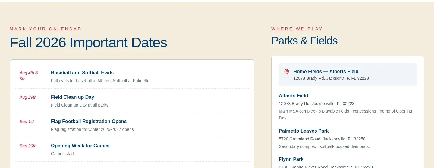 Fall season important dates and parks and fields sections on the redesigned Mandarin Sports Association website