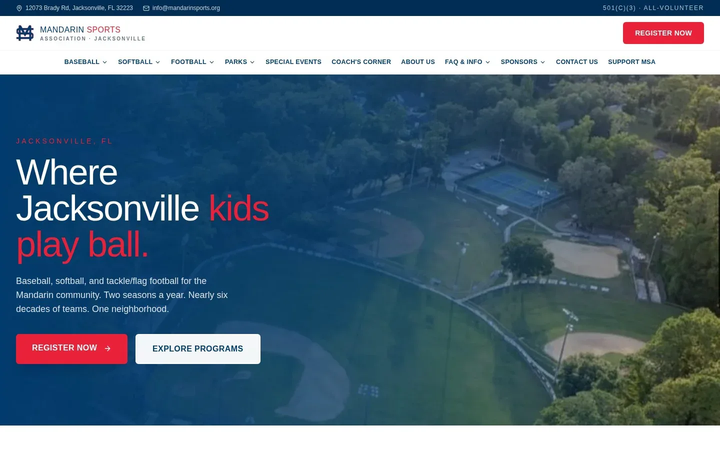 New Mandarin Sports Association homepage hero — Where Jacksonville kids play ball, with Register Now call to action