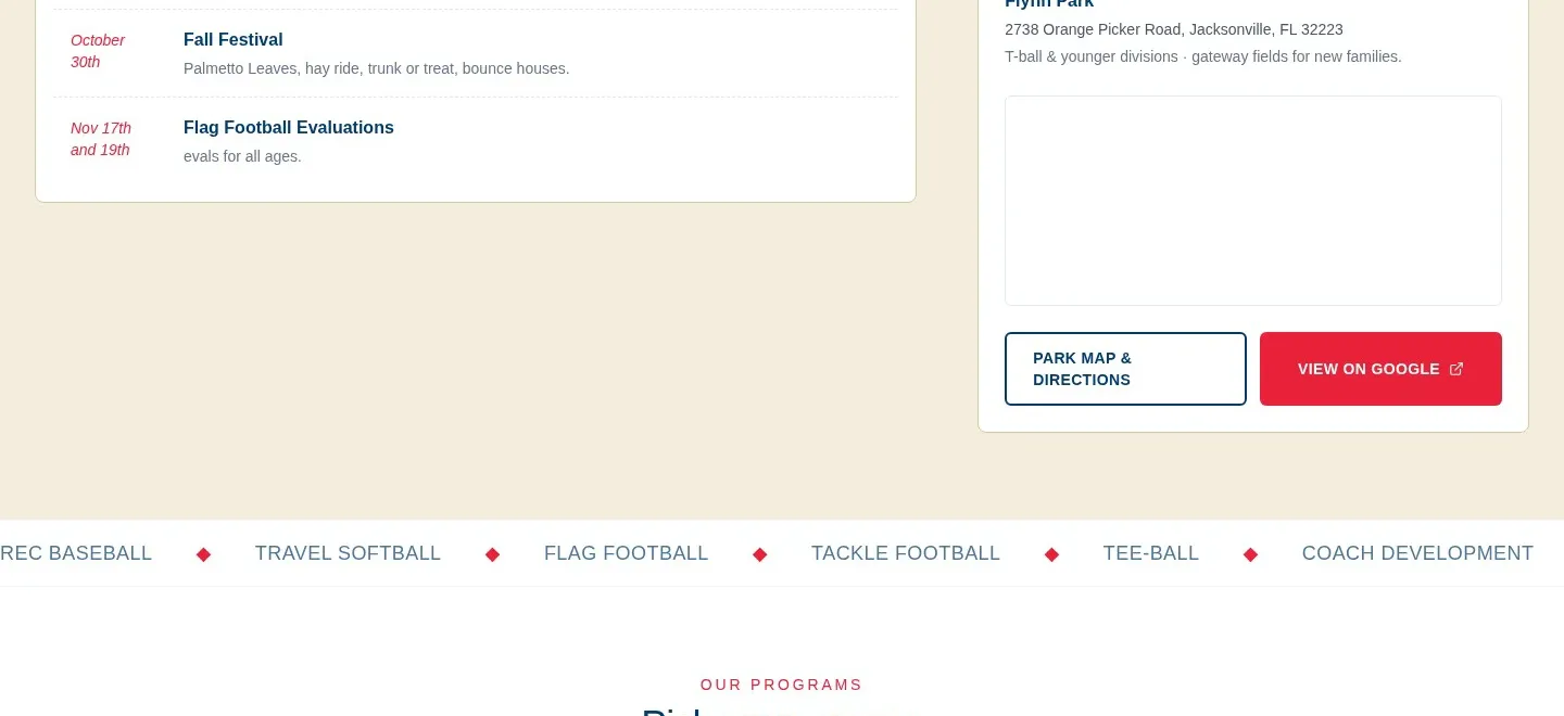 Baseball, softball, and football program cards on the redesigned Mandarin Sports Association website