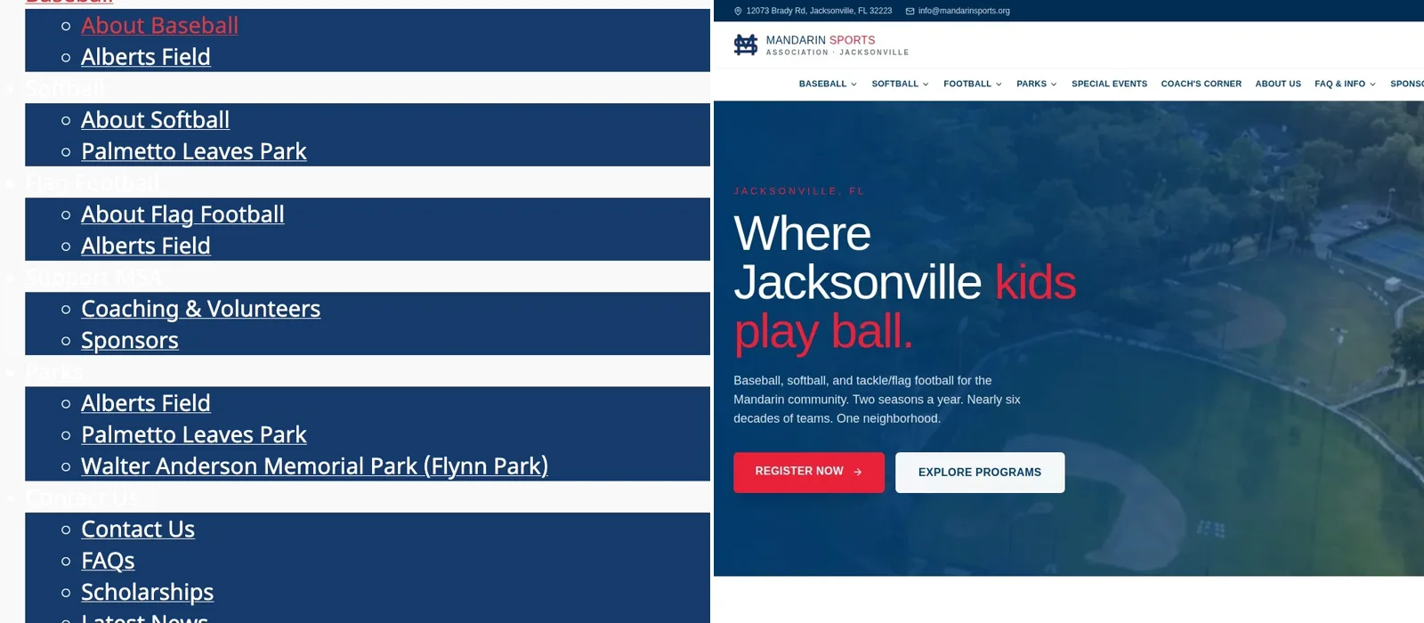 Before and after of the Mandarin Sports Association website redesign by Jax Web Pro — broken navigation replaced with a modern youth sports homepage