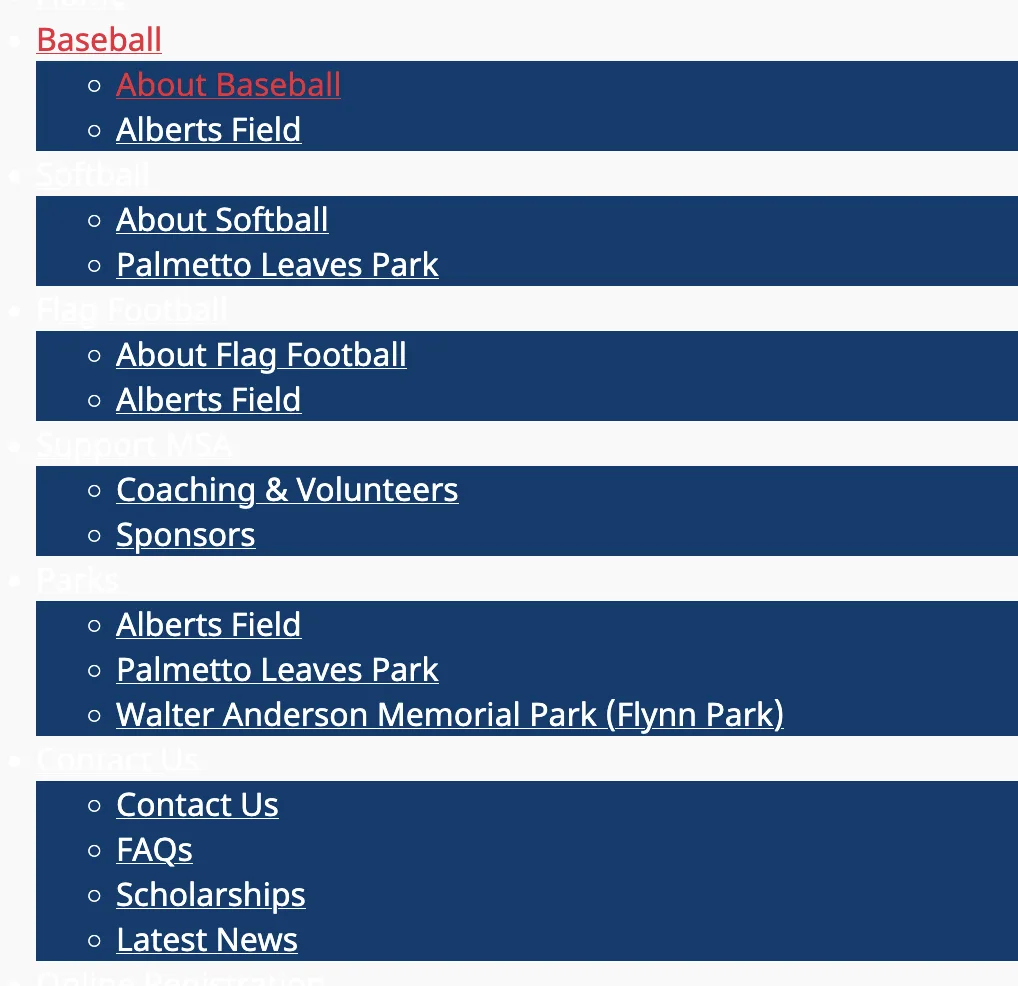 The old Mandarin Sports Association website — navigation rendered as raw bullet lists with white links invisible on a white background
